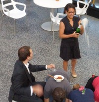 #48 Four people use their bodies to form a table. Enjoy an elegant dinner for two at this body table. 