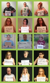 #69 An image of each of the members of your team in Brady-Bunch style grid format. Photos should be mug-shot style with each team member holding a black and white sign stating their city and country of residence.