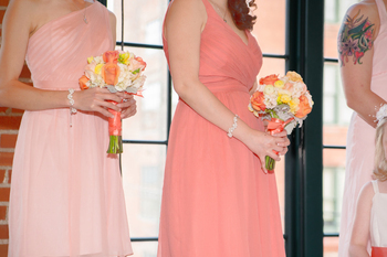 Beautiful bouquets and lovely dresses.