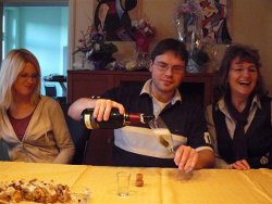 Letting the bubbly pour for Christian's birthday (Winter 2011)